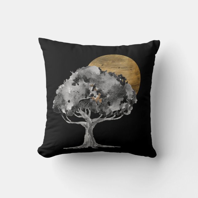 Black Tree Gold Moon Digital Art Cushion (Front)