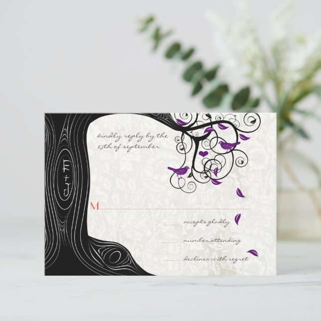 Black Tree Purple Birds Wedding Invitations (Standing Front)