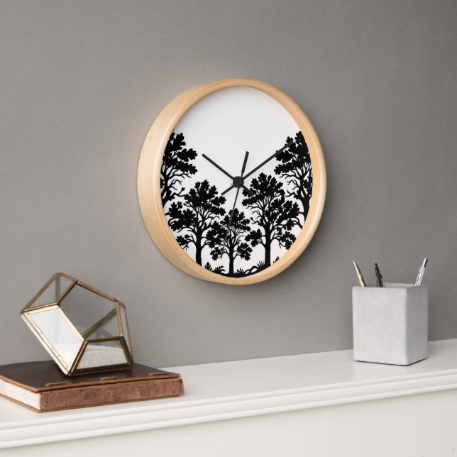 Black Trees Silhouette Wooden Wall Clock (Office)