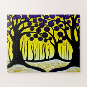 Black Trees with Purple Fruit Yellow Sky for Kids Jigsaw Puzzle