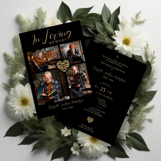 Black Trendy Collage 4 Photos Modern Heart  Invitation (Black Trendy Collage 4 Photos Modern Heart for Funeral or Celebration of Life Invitation card.)