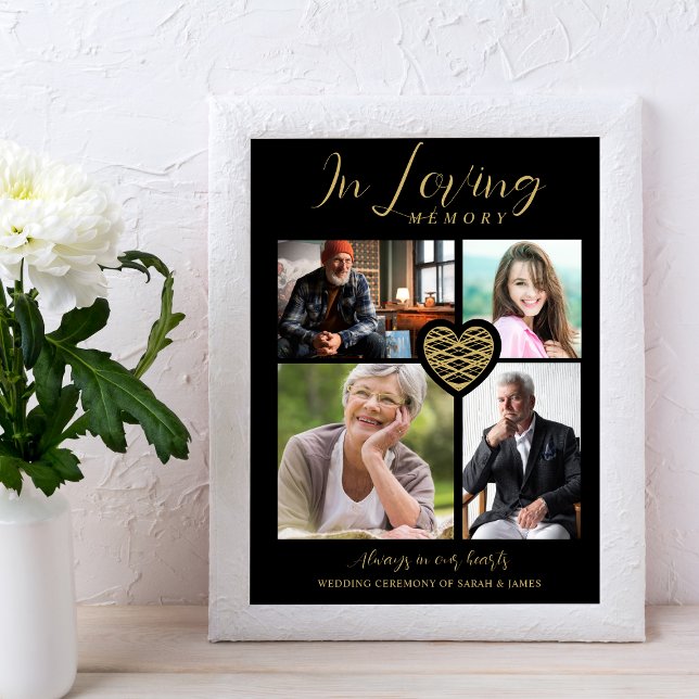 Black Trendy Collage 4 Photos Modern Heart Wedding Poster (Creator Uploaded)