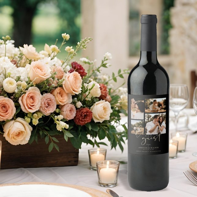 Black Trendy Collage Wedding 4 Photos Wine Label (Non-traditional Black Trendy Collage Wedding 4 Photos Save the Date as a Wine Label.)