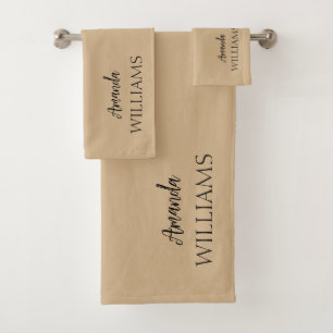 Black Trendy Elegant First Last Name Tan Brown Bath Towel Set
