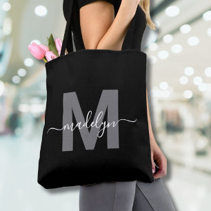 Black Trendy Modern Script Name Monogram Tote Bag