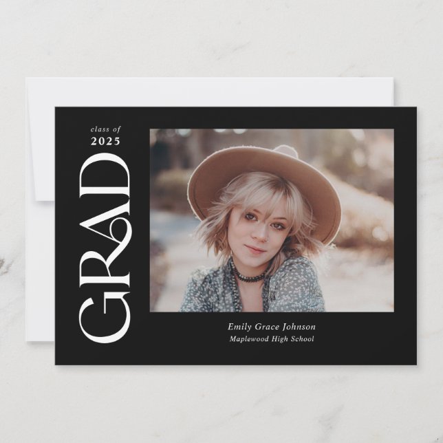 Black Trendy Serif Two Photos Graduation Announcement (Front)