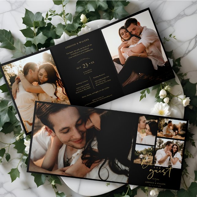 Black Trendy & Stylish Collage Wedding 7 Photos Tri-Fold Invitation (Black Trendy & Stylish Collage Wedding 7 Photos Tri-Fold Invitations Cards. )