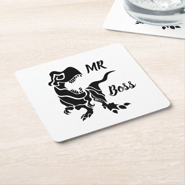 Black Trex the Boss Dino Square Paper Coaster (Angled)