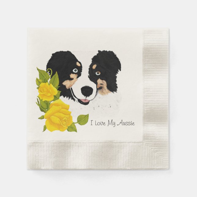 Black Tri Aussie and Yellow Roses Napkin (Front)