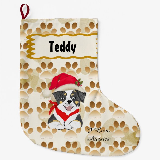 Black Tri Aussie Christmas Pup Large Christmas Stocking (Front)