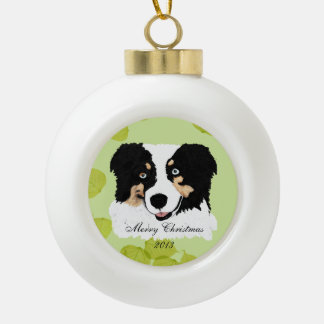 Black Tri Australian Shepherd Green Leaves Ceramic Ball Christmas Ornament