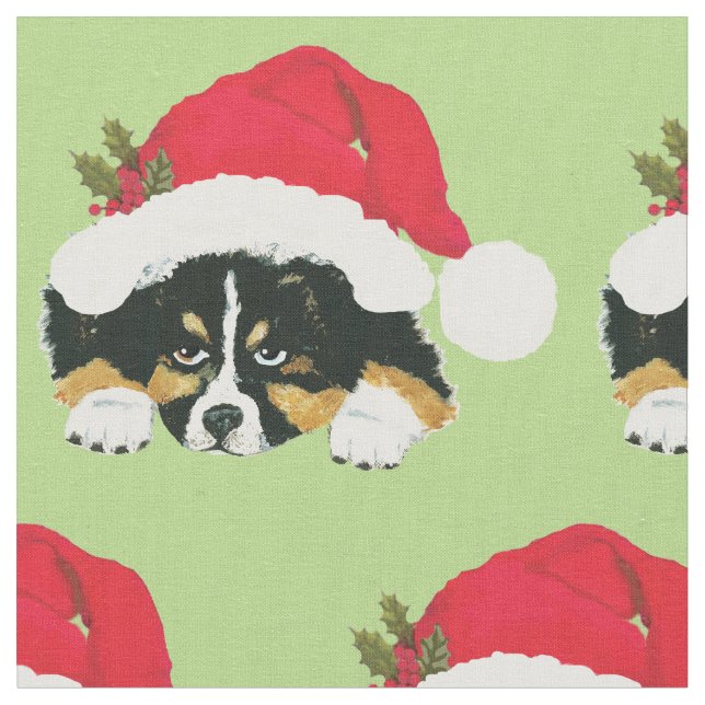 Black Tri Australian Shepherd Pup Holiday Fabric (Close Up)