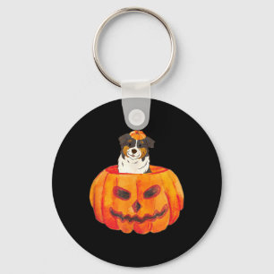 Black Tri Colour Aussie Dog Happy Halloween Pumpki Key Ring