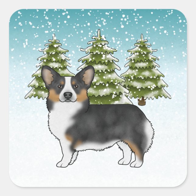 Black Tri Pembroke Corgi Winter Forest Christmas Square Sticker (Front)
