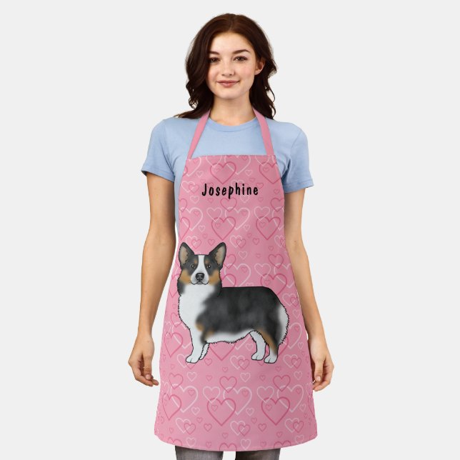 Black Tri Pembroke Welsh Corgi Hearts With Name Apron (Worn)