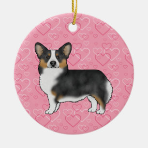 Black Tri Pembroke Welsh Corgi Hearts With Name Ceramic Tree Decoration
