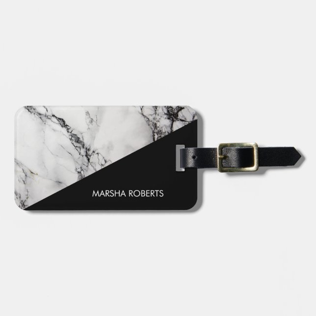 Black Triangle And White Marbled Luggage Tag (Front Horizontal)