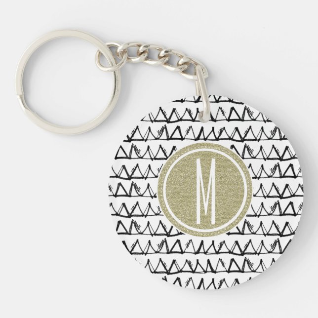 Black Triangles Gold Glitter Monogram Key Ring (Front)