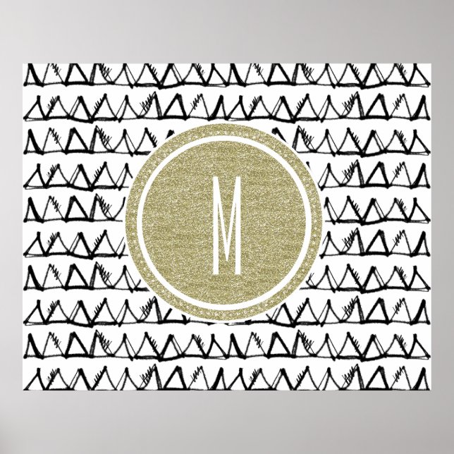 Black Triangles Gold Glitter Monogram Poster (Front)