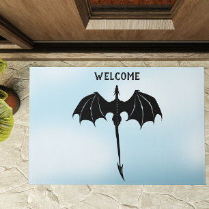Black Tribal Flight Dragon Fantasy Blue Sky Doormat