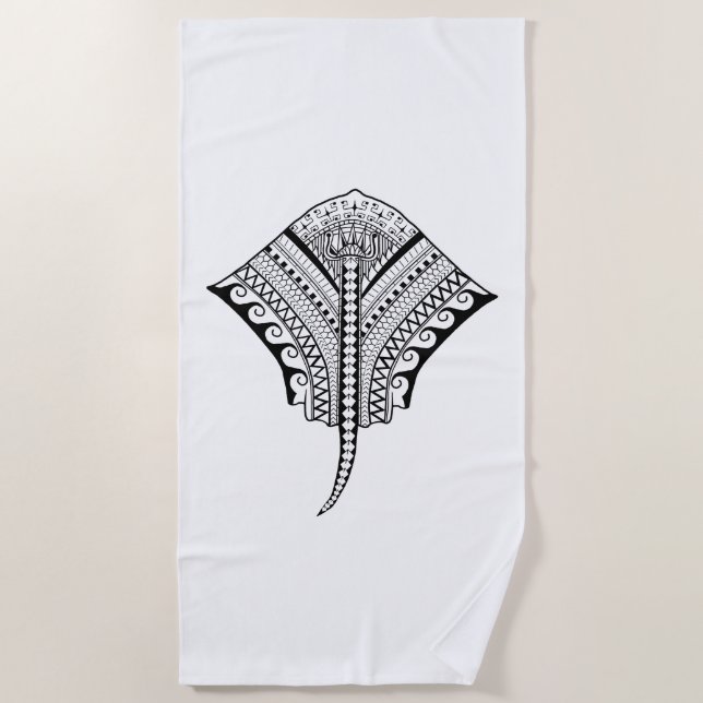 Black Tribal Stingray Manta Ray Beach Towel (Front)
