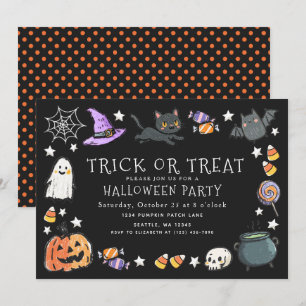 Black Trick or Treat Kids Crayon Halloween Party  Invitation