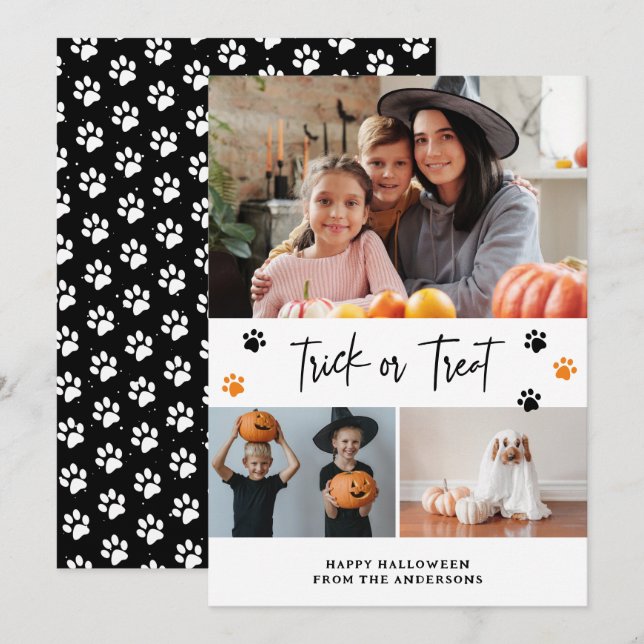 Black Trick or Treat Pet Photo Halloween Holiday Card (Front/Back)