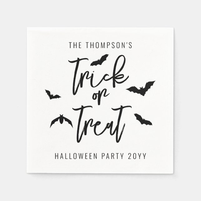 Black Trick Or Treat Script With Bats Halloween Napkin (Front)