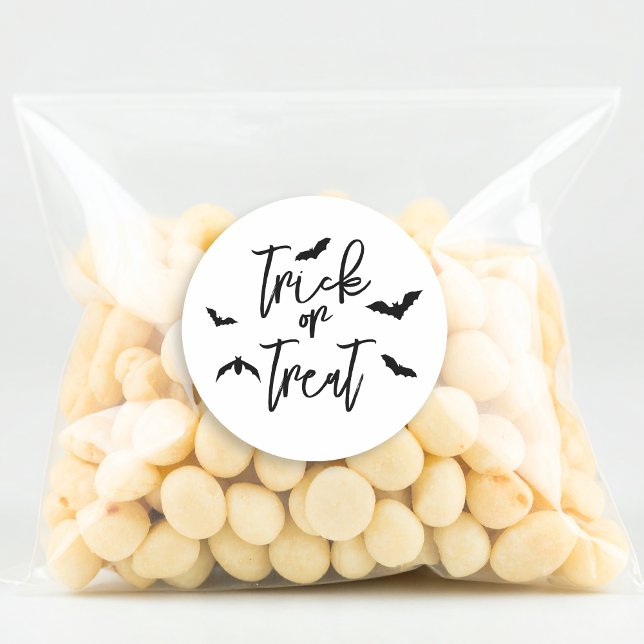 Black Trick Or Treat Text With Bats Halloween Classic Round Sticker (Creator Uploaded)