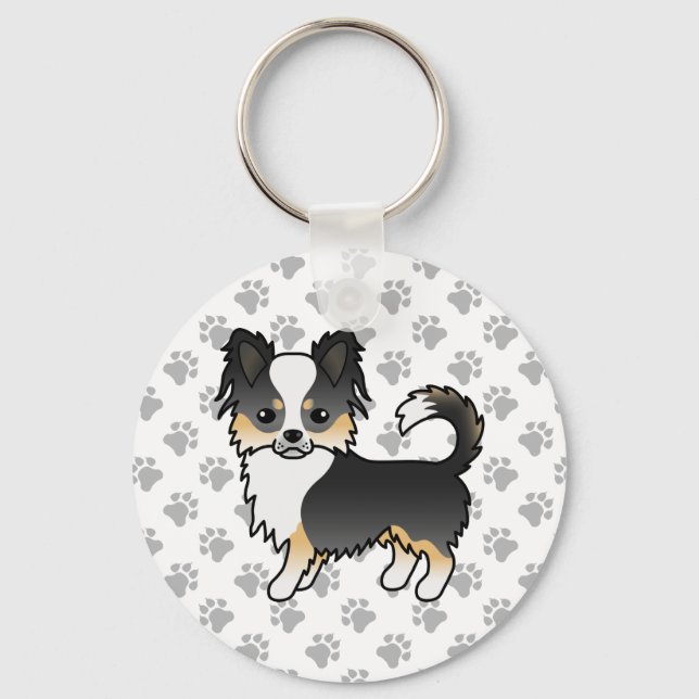 Black Tricolor Long Coat Chihuahua Dog & Paws Key Ring (Front)