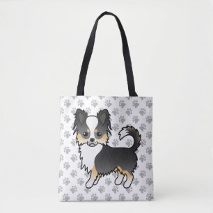 Black Tricolor Long Coat Chihuahua Dog & Paws Tote Bag