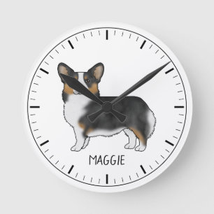 Black Tricolor Pembroke Welsh Corgi And Name Round Clock