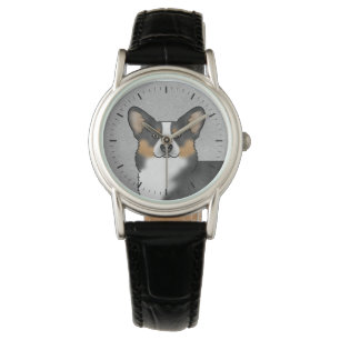 Black Tricolor Pembroke Welsh Corgi Dog Head Watch