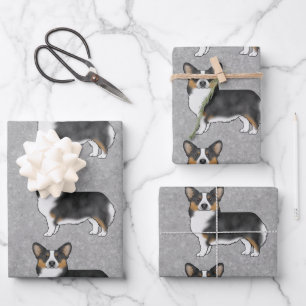 Black Tricolor Pembroke Welsh Corgi Dogs Pattern Wrapping Paper Sheet