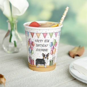 Black Tricolor Pembroke Welsh Corgi Happy Birthday Paper Cups