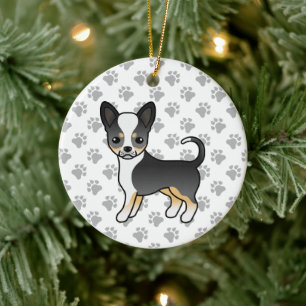 Black Tricolor Smooth Coat Chihuahua Dog & Paws Ceramic Tree Decoration