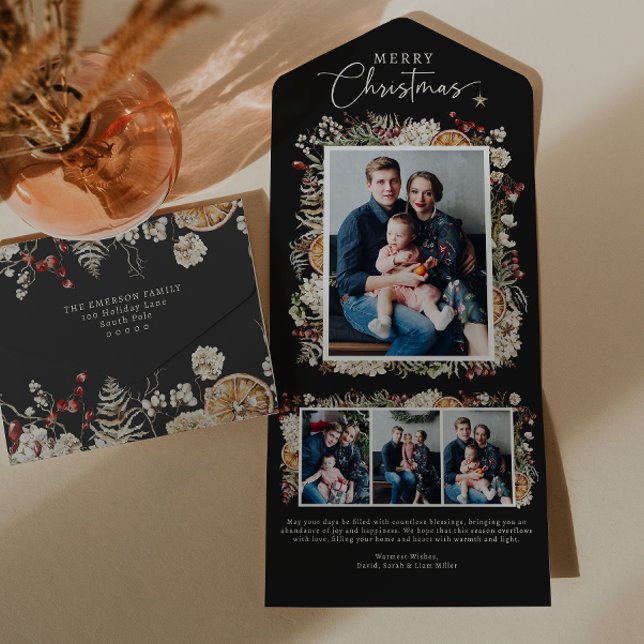 Black Trifold Christmas Card (Black Boho Botanical Trifold Merry Christmas Send and Seal Holiday Photo Collage Card
)
