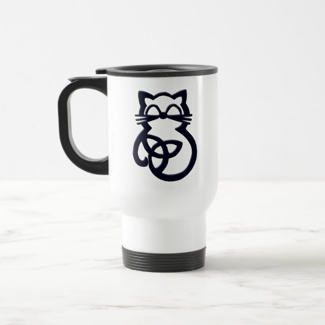 Black Trinity Knot Celtic Cat Travel Mug (Left)