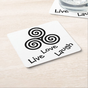 black Triple spiral Live Love Laugh on white Square Paper Coaster