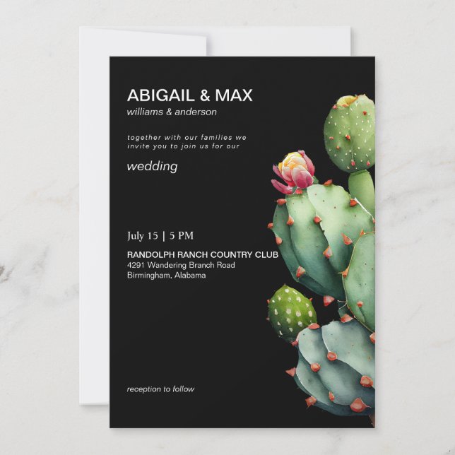Black Tropical Cactus Modern Wedding Invitation (Front)