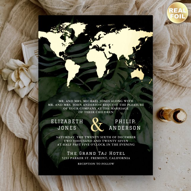 Black Tropical Destination World Map Wedding Gold (Creator Uploaded)