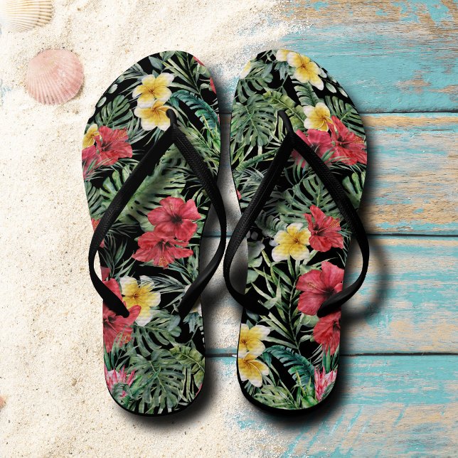 Black Tropical Floral Pattern Flip Flops (Creator Uploaded)