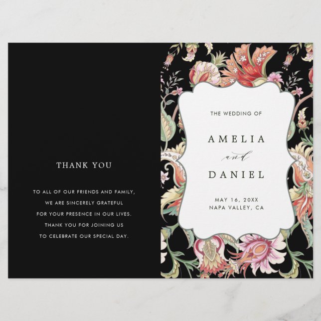 Black | Tropical Floral Wedding Ceremony Program (Front)
