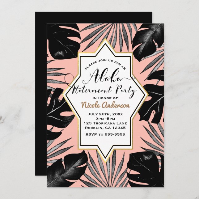 Black Tropical Leaves Coral Peach Gold Retirement Invitation (Front/Back)