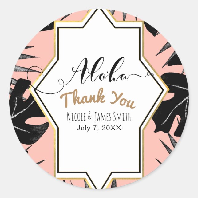 Black Tropical Leaves & Coral Peach Gold Wedding Classic Round Sticker (Front)