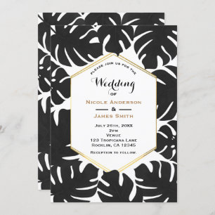Black Tropical Leaves White & Gold Chic Wedding Invitation