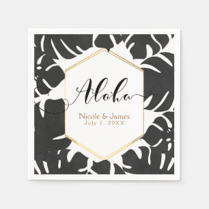 Black Tropical Leaves White & Gold Wedding Napkin