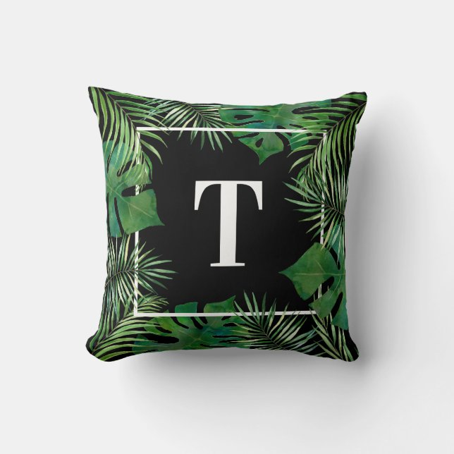 Black Tropical Palm Leaf Botanical Monstera Leaf Cushion (Front)