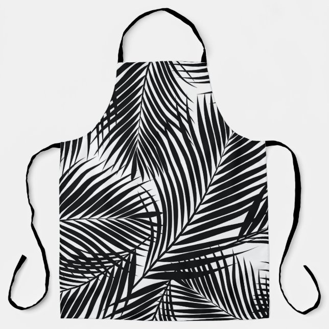 Black tropical palm leaves, white background apron (Front)
