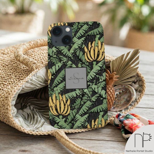 Black Tropical Yellow Banana Leaf iPhone 13 Case (This Black Tropical Yellow Banana Leaf iPhone 13 Case features hand drawn botanical art and monogram)